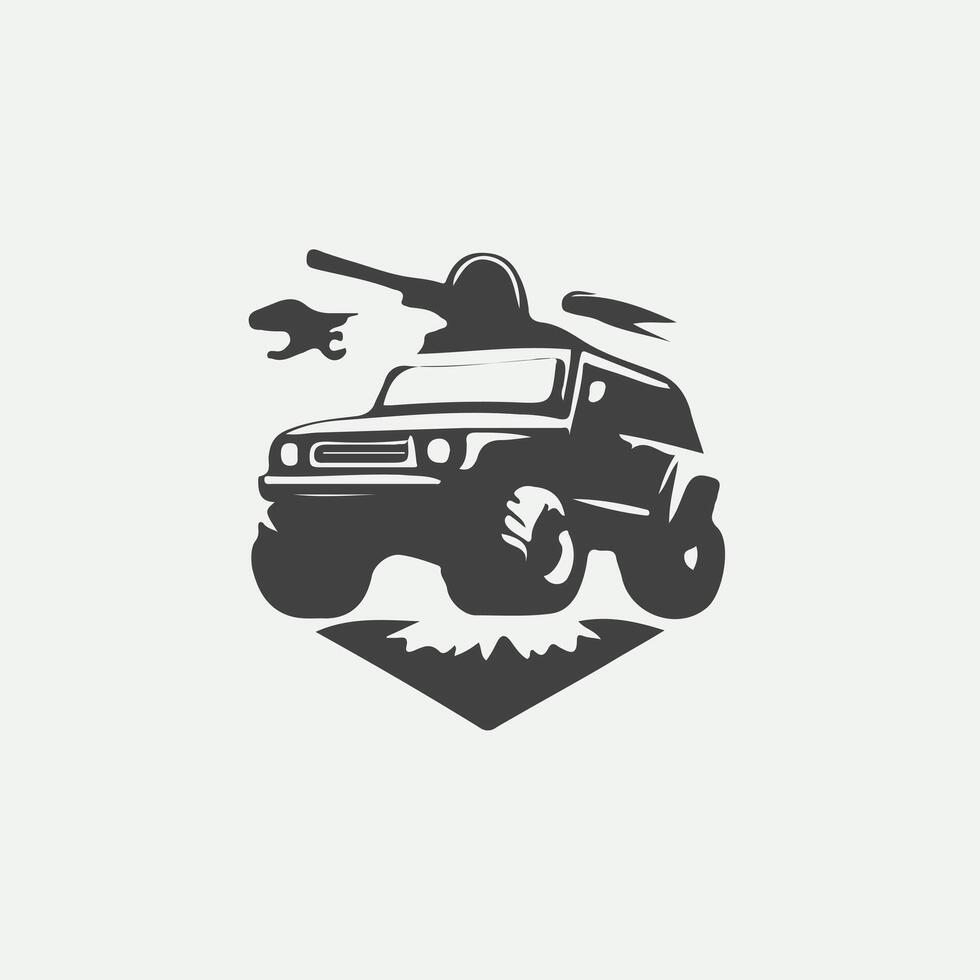 A black and white logo for a jeep with a gun vector