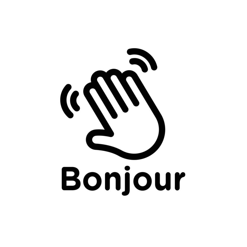 Bonjour text with hand wave icon Black and white outline vector