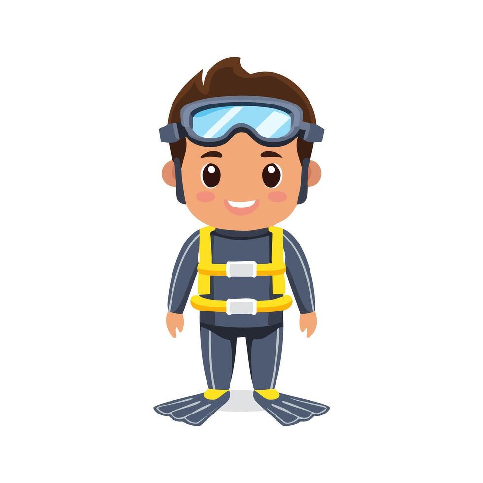 Diver Cute Worker Work Profession Professional Occupation Cartoon Character vector