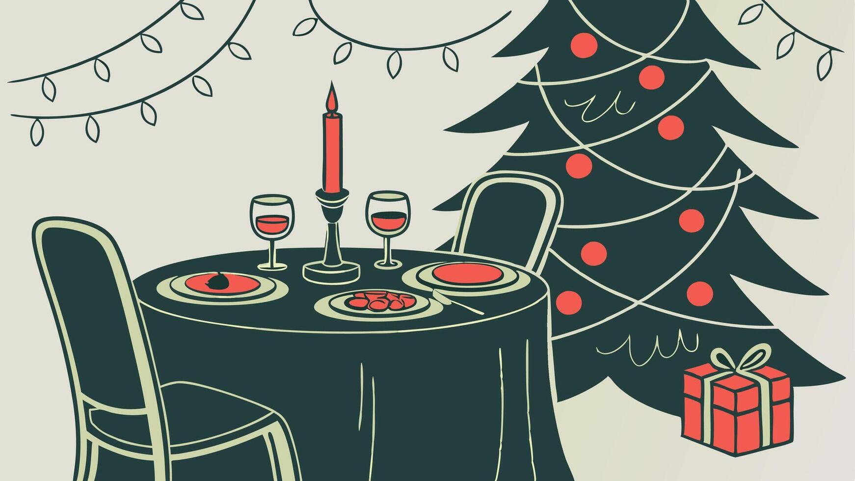 Christmas dinner table with christmas tree and presents vector