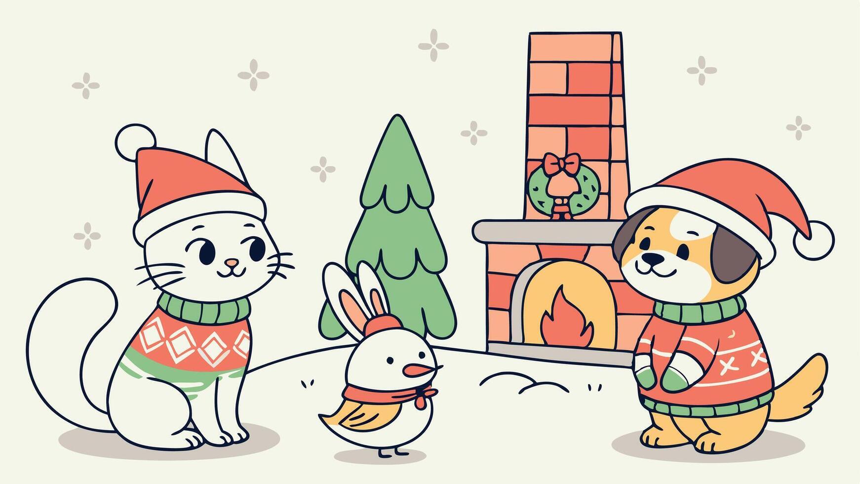 A cartoon of a cat and dog wearing christmas clothes vector