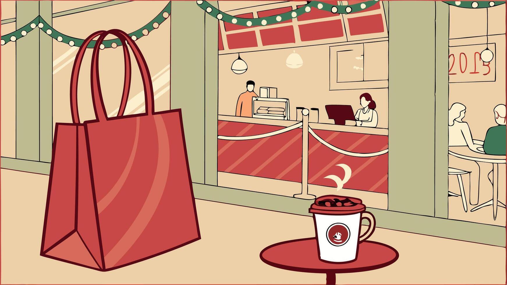 A red shopping bag is sitting on a table next to a coffee cup vector