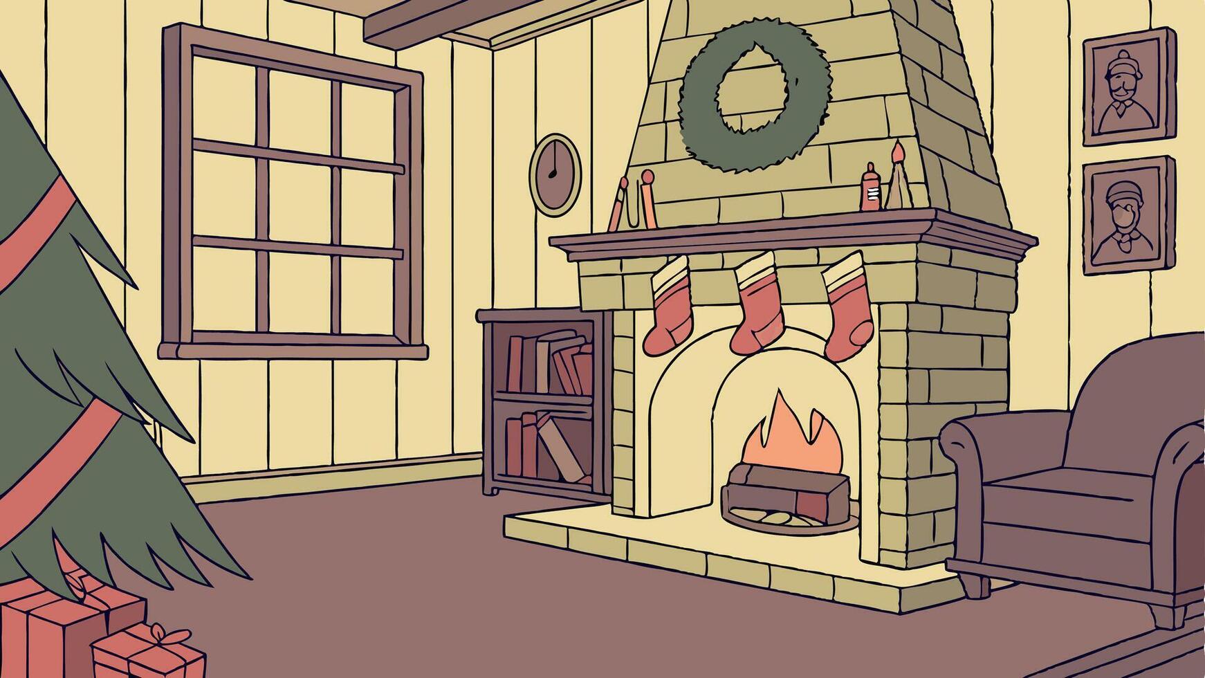Warm and cozy fireplace in house. christmas time. Art vector