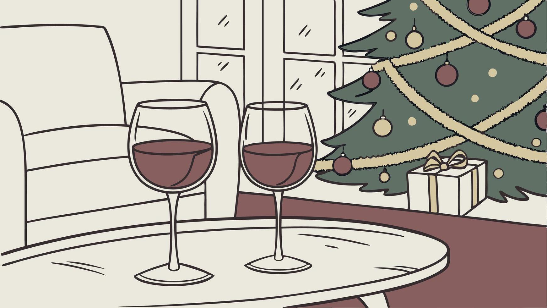 Two glasses of wine on table in front of Christmas tree and lights vector