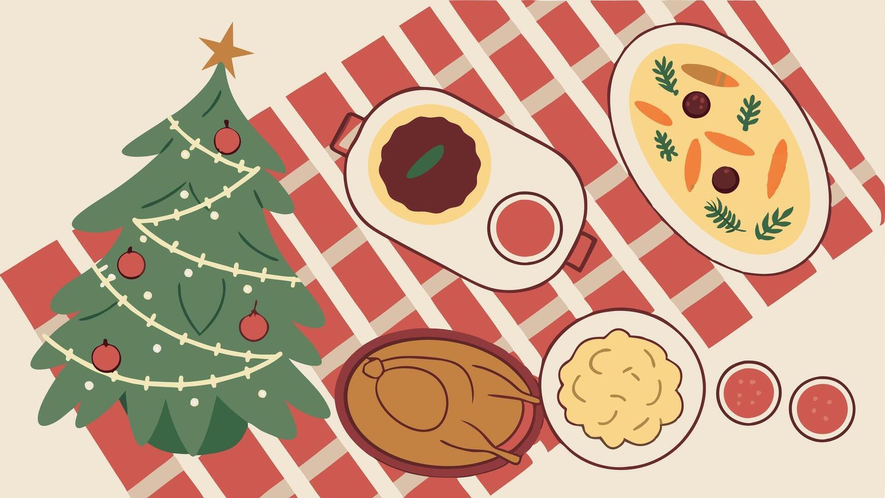 Christmas dinner with turkey, potatoes, and vegetables vector