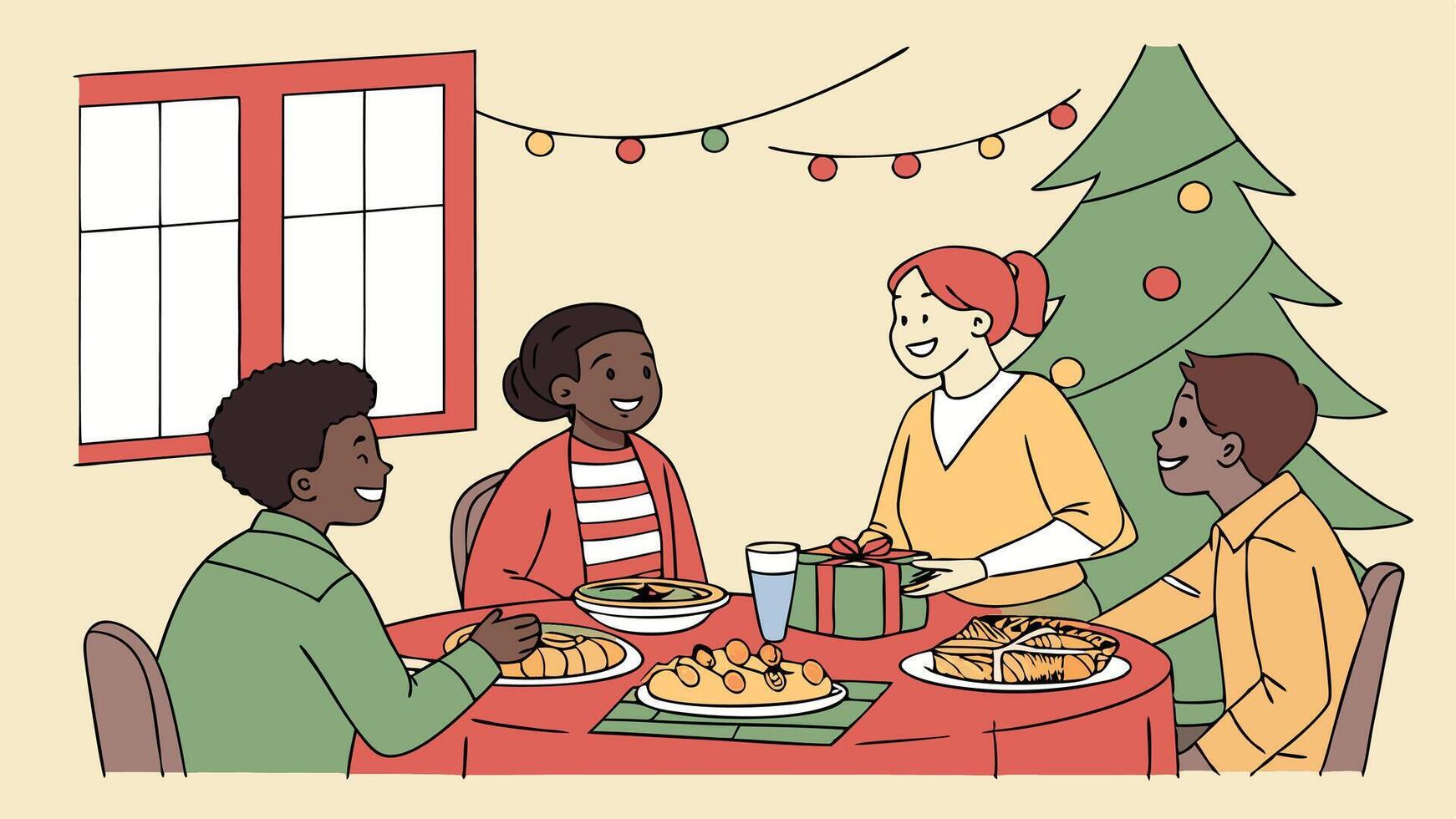 A cartoon of people sitting around a table with christmas decorations vector
