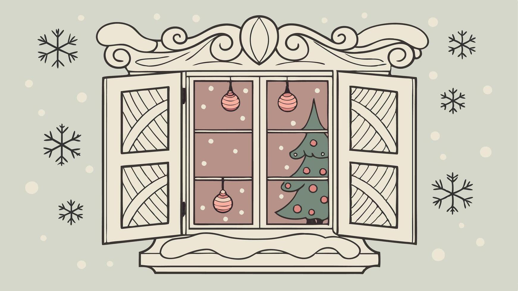 Vintage window with Christmas decorations. lights. snowflakes. winter. vector