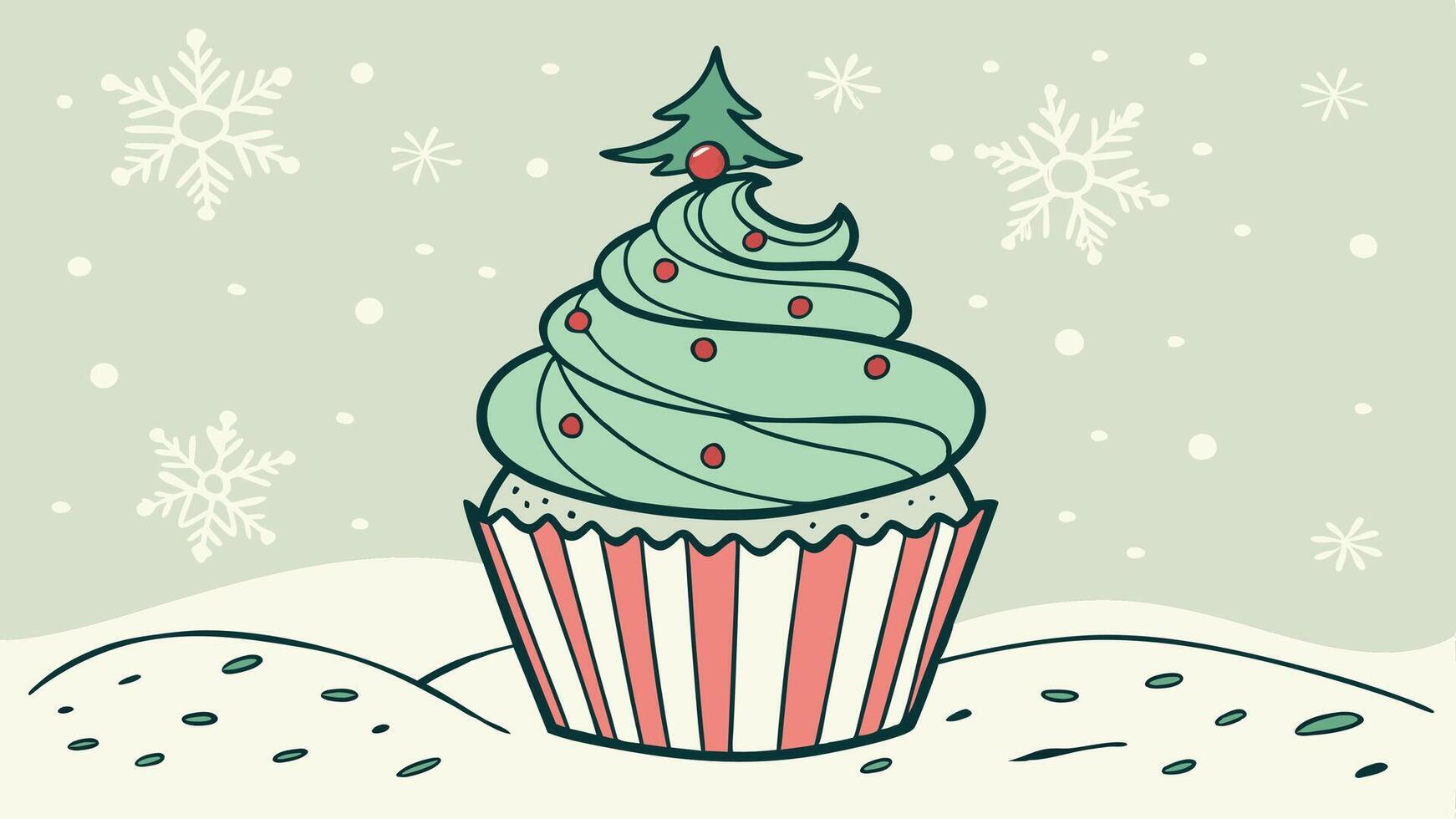 Watercolor Christmas cupcake with green frosting and christmas tree vector