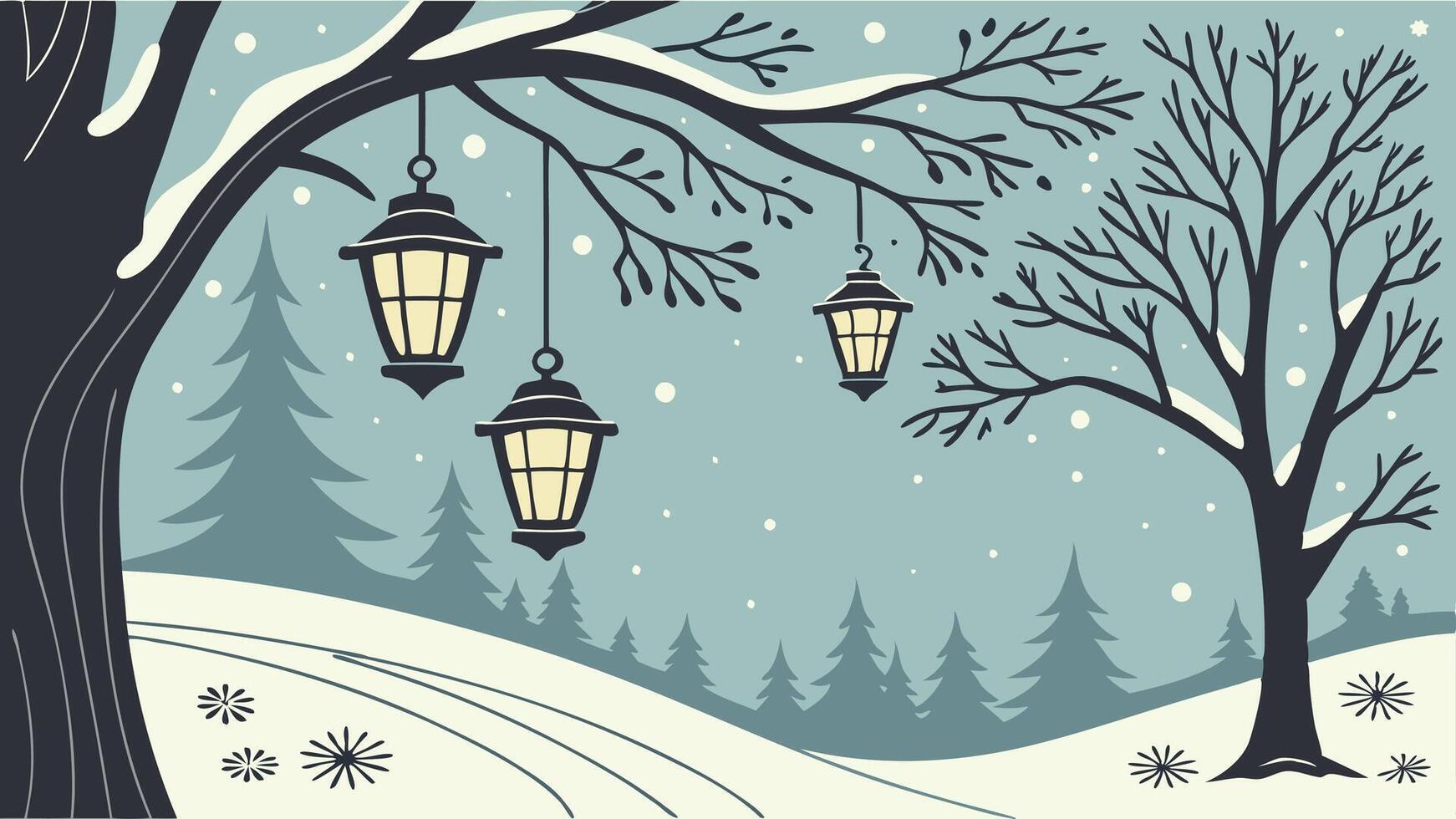 Winter landscape with trees and lamps vector