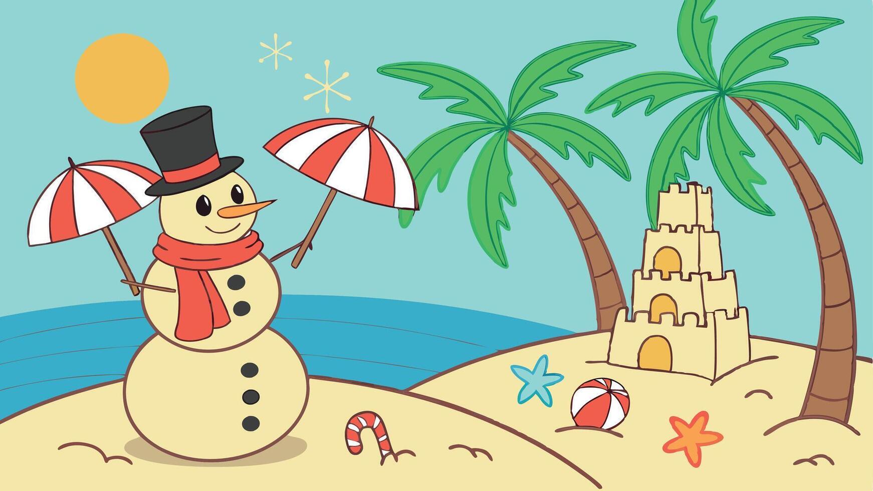 Two Sandy Christmas Snowmen are celebrating Christmas on a beautiful beach. vector