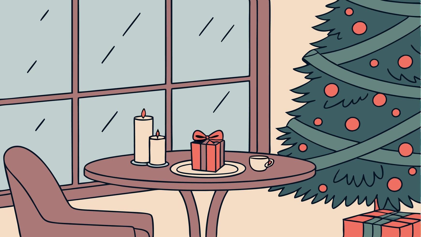 Table space in front of defocused window sill with christmas tree vector