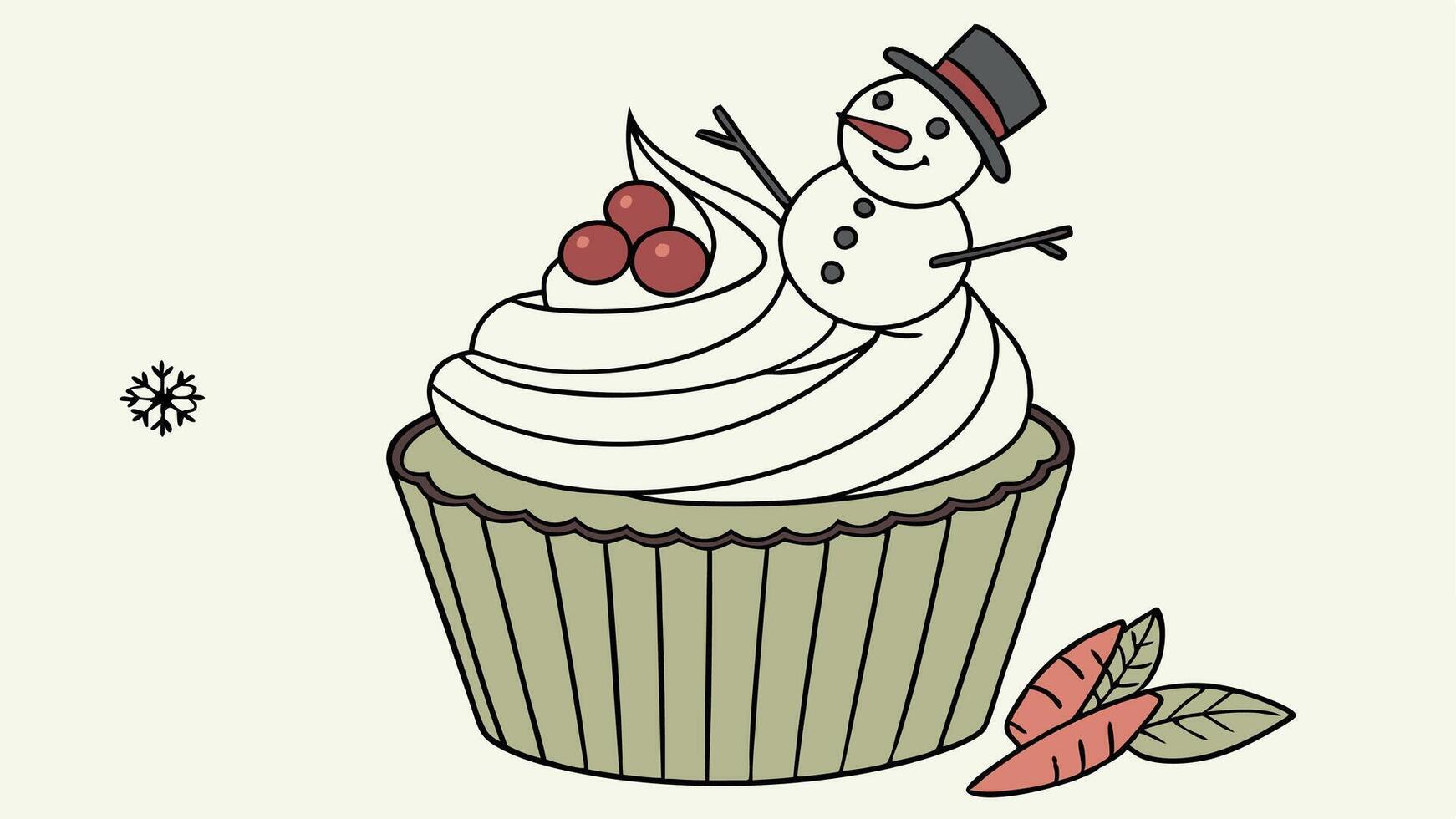 Tasteful christmas cupcake with white frosting snowman on frosting snow wearing a berry hat vector