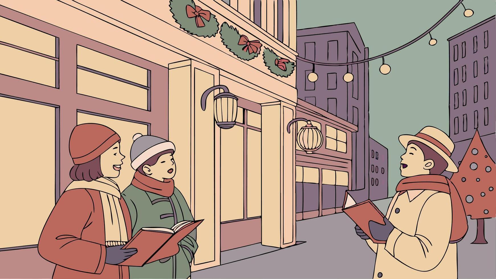 Teenagers Carolers singing traditional songs in city street on christmas eve vector
