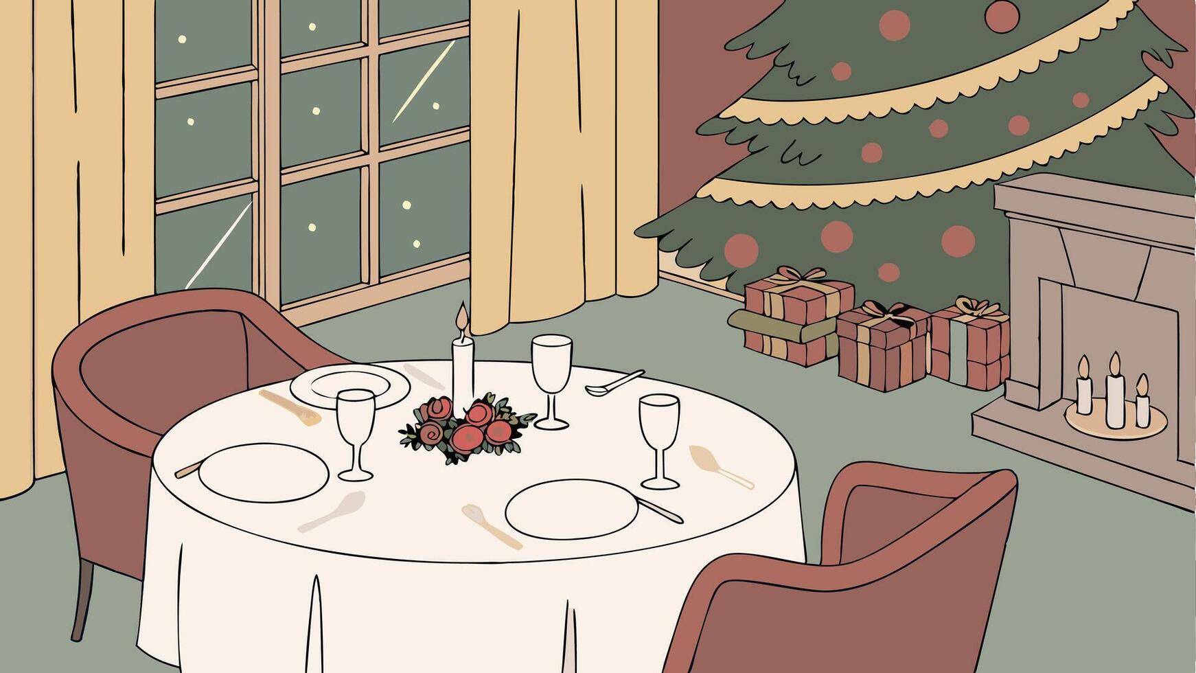 Table served for Christmas dinner. Living room decorated with lights and Christmas tree. vector