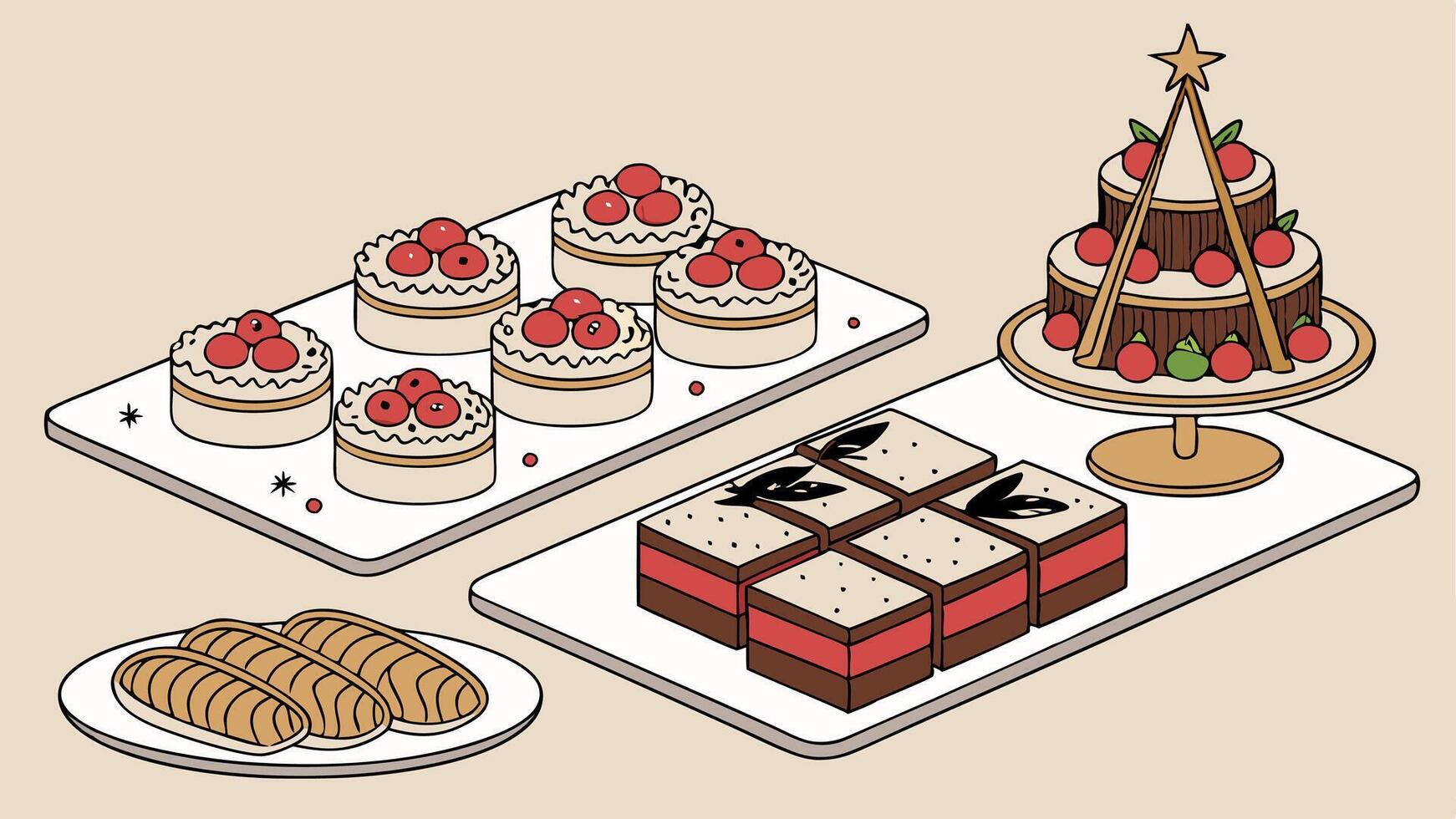 Sumptuous decadent christmas party food. canapes desserts and cakes. landscape format DPS vector