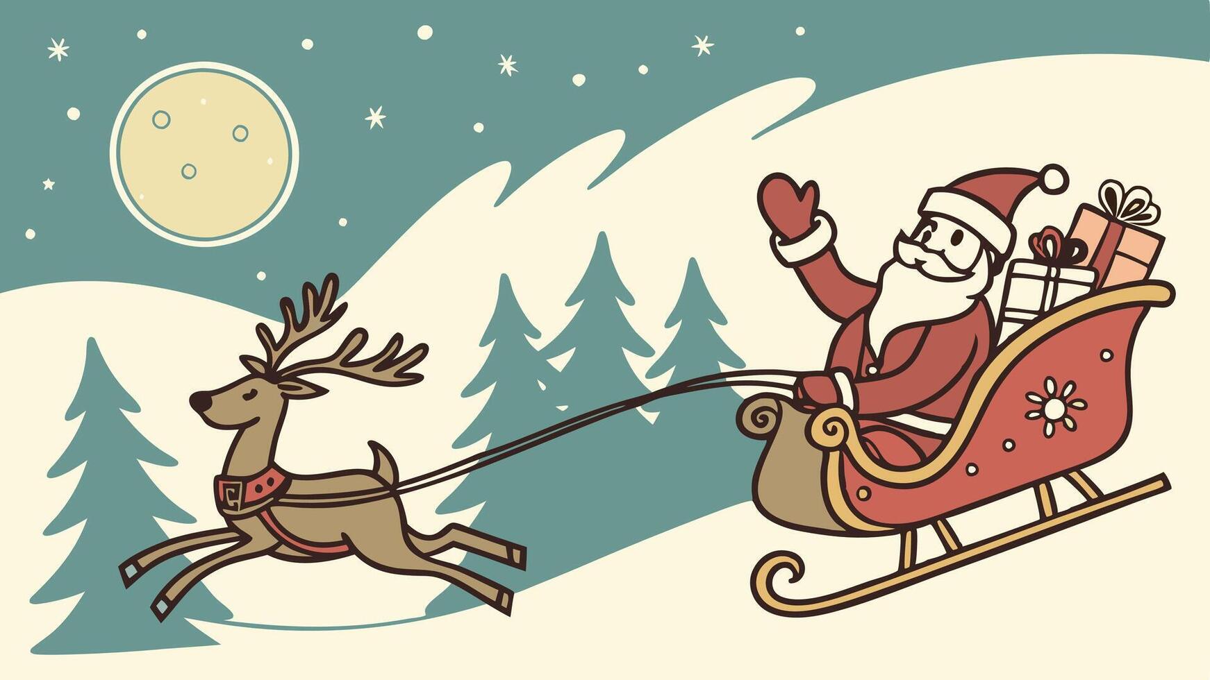 Vintage card snow santa christmas greeting claus reindeer illustration sleigh. vector