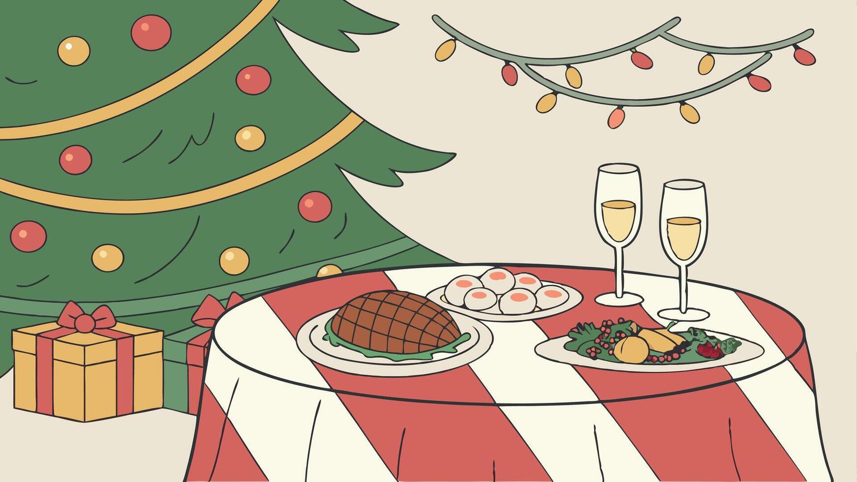 Table setting for a christmas dinner. with a christmas tree. christmas colors and soft lights. vector