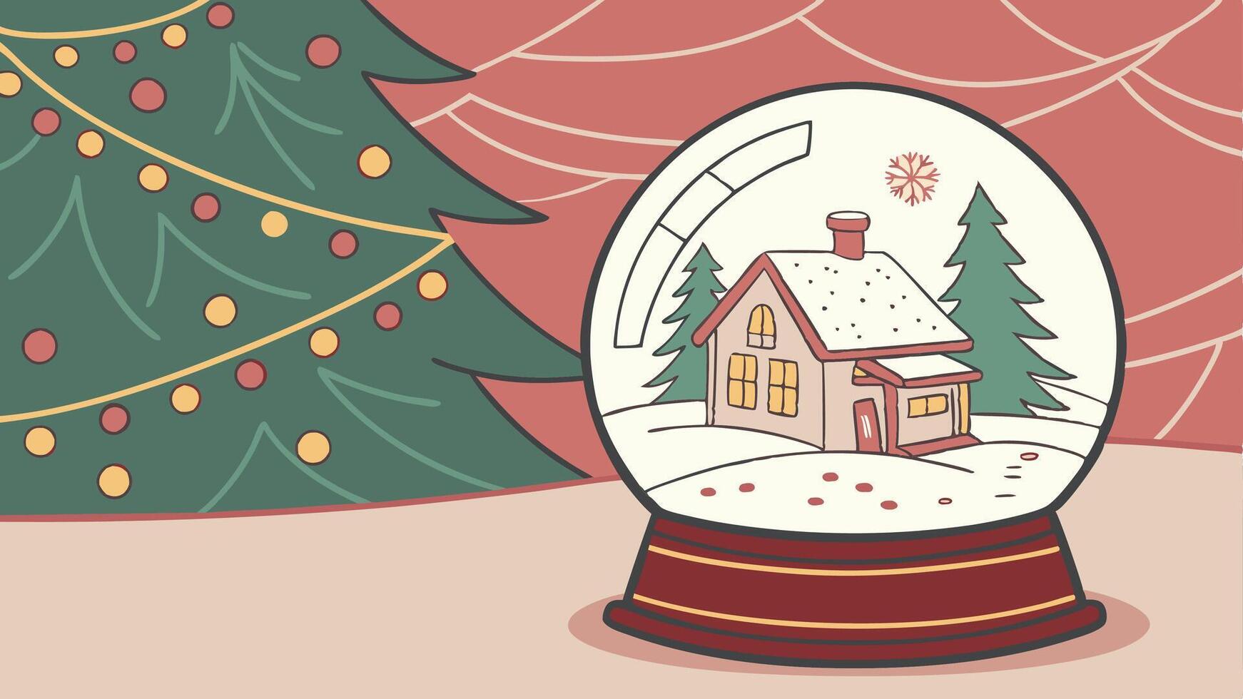Stylish Christmas snow globe on the background of a Christmas tree in lights. vector