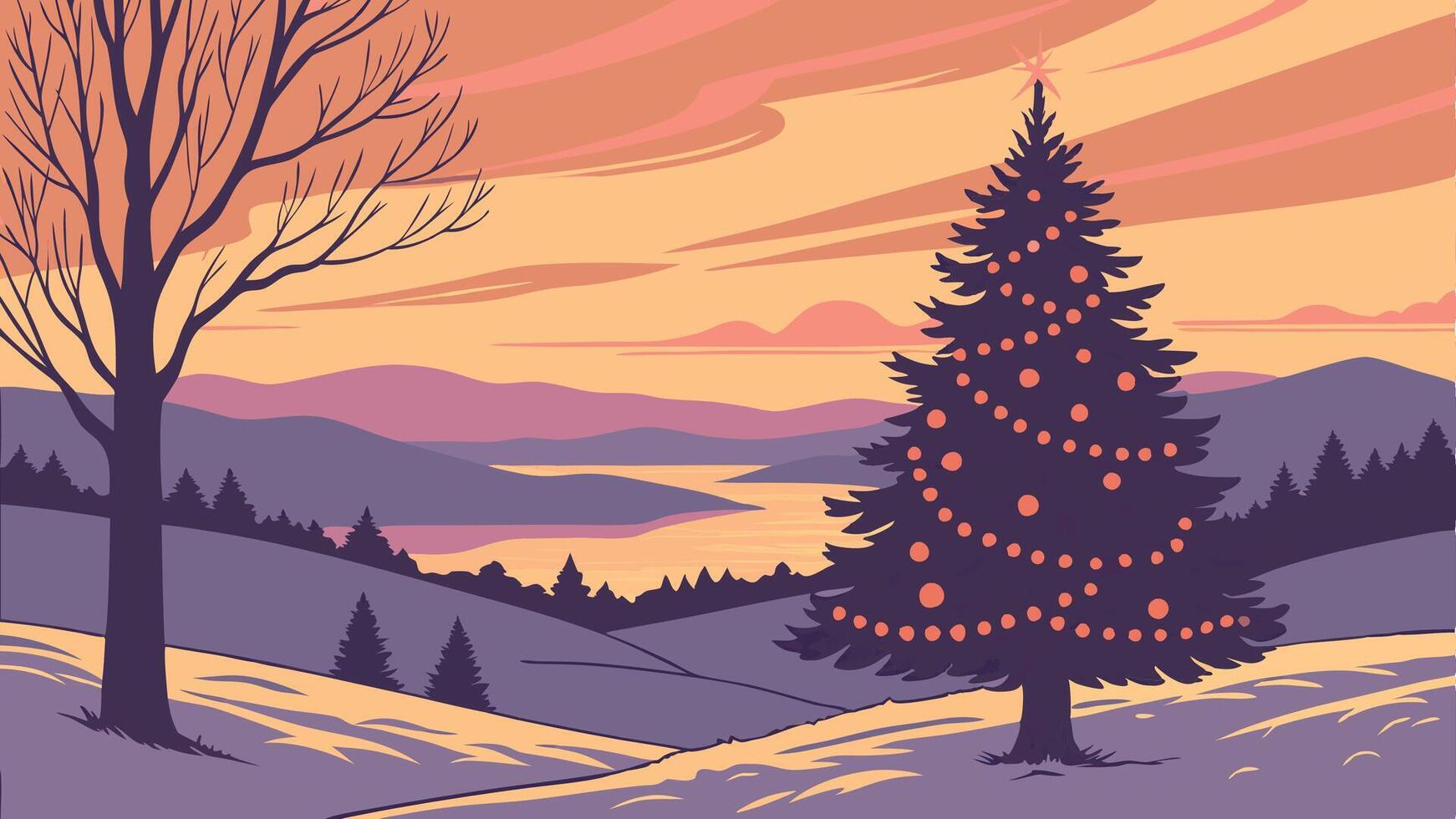 The illuminated Christmas tree in a landscape at sunset vector
