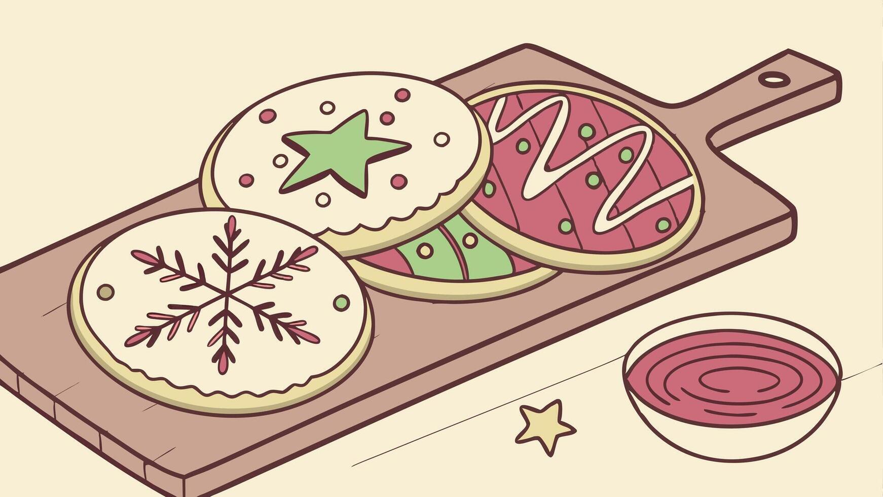 Tasty decorated christmas cookies on wooden background vector