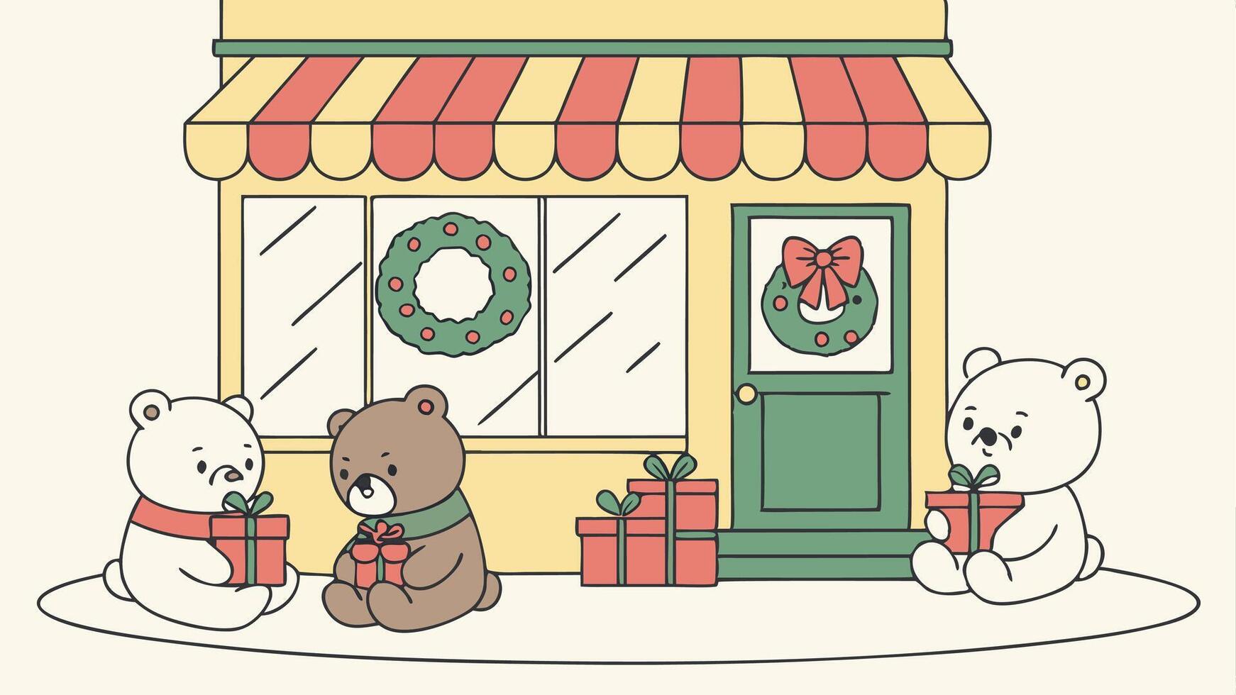 Teddy bears sitting in front of the shop with Christmas decoration. vector