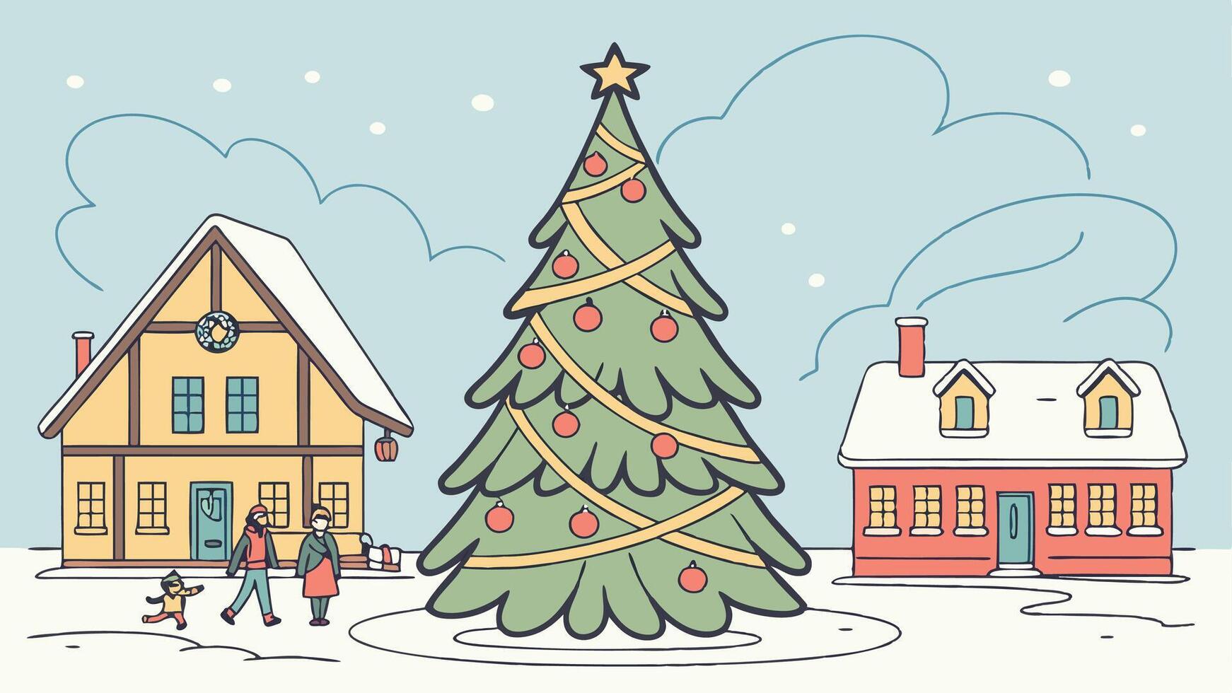 Tall Christmas Tree in the middle of a village square. vector