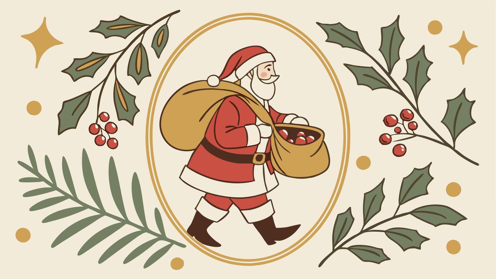 Vintage christmas greeting card of Santa in a golden frame with foliage vector