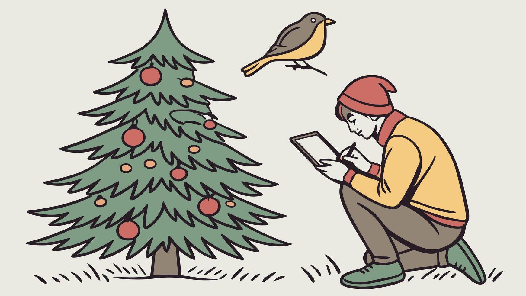 un hombre es utilizando un tableta a Mira a un Navidad árbol vector