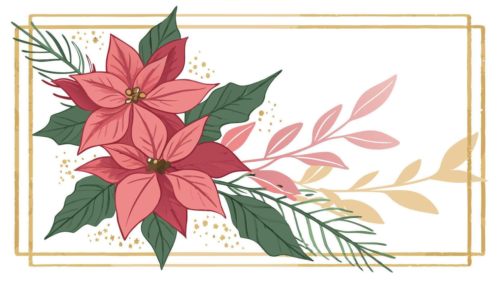 Poinsettia flowers and leaves on a gold frame vector