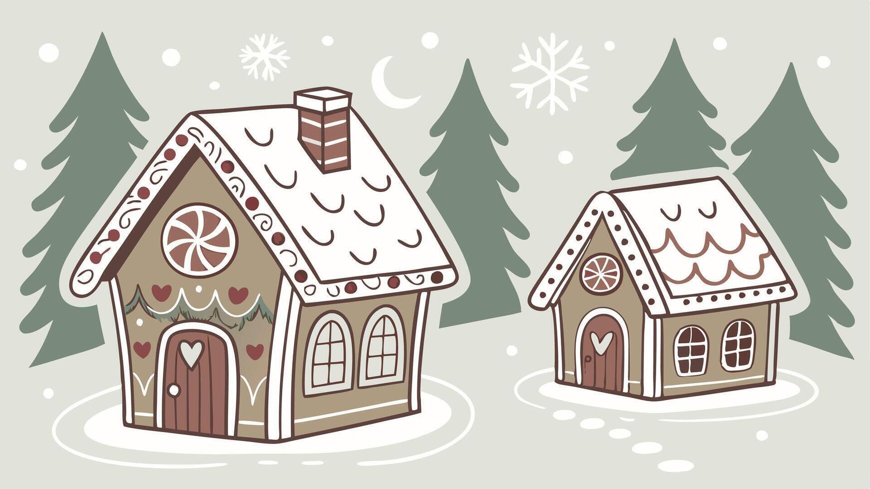 Set of cute gingerbread houses with christmas decorations. Watercolor illustration vector