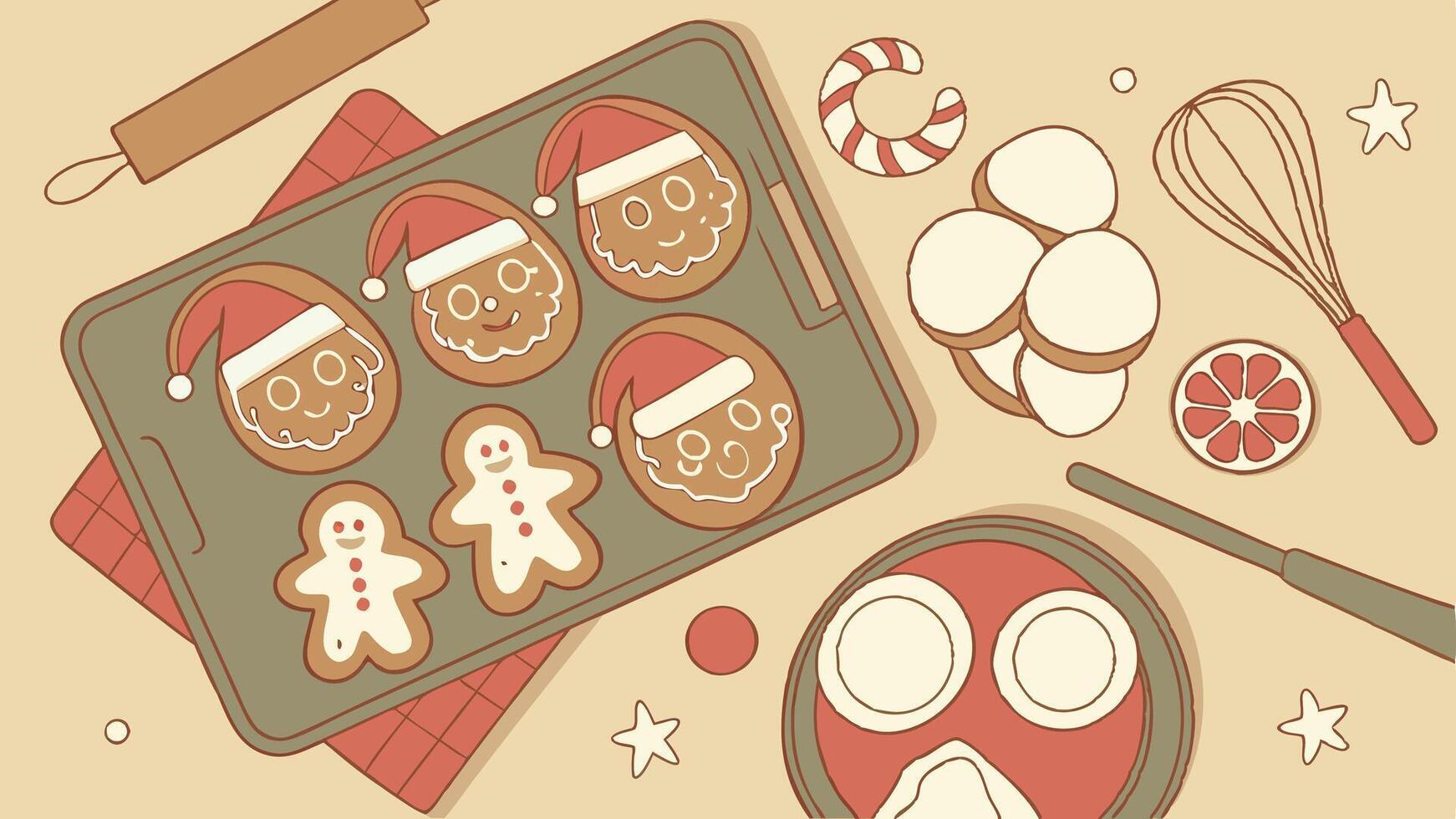 Top view of many gingerbread santa claus christmas cookies. baking panorama banner. vector