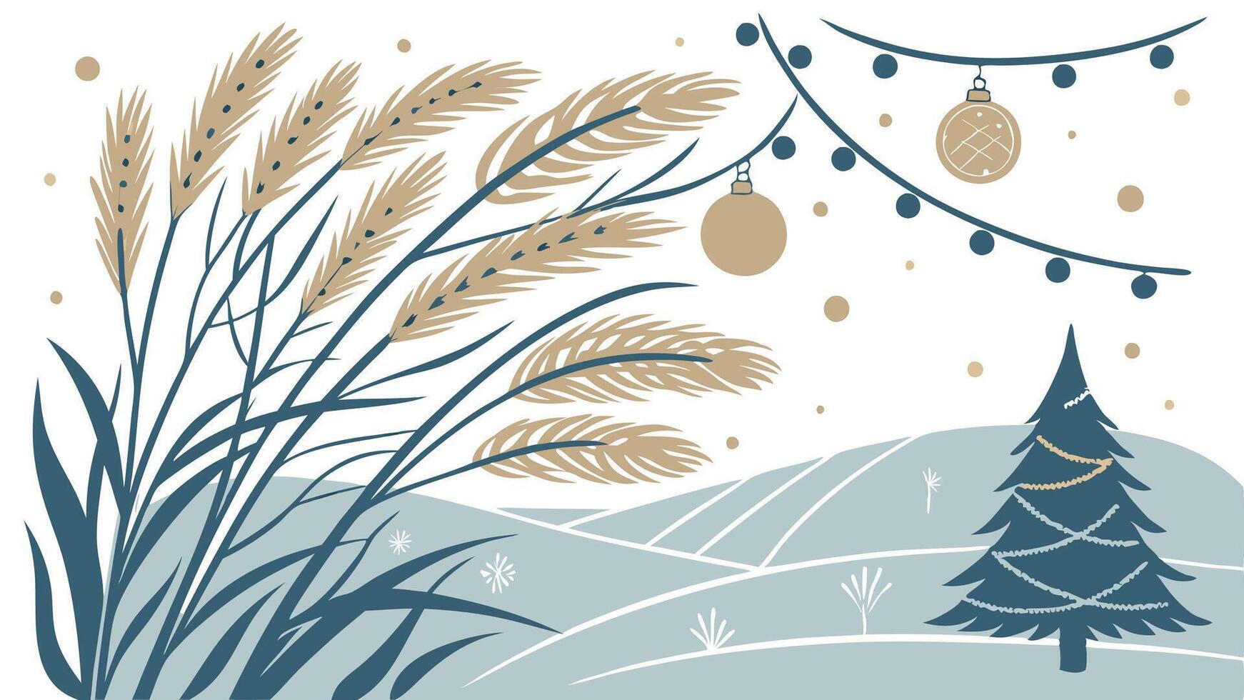 Seasonal Decorations with Pampas Grass. Elegant Pastel Blue and Gold Christmas Scene. vector