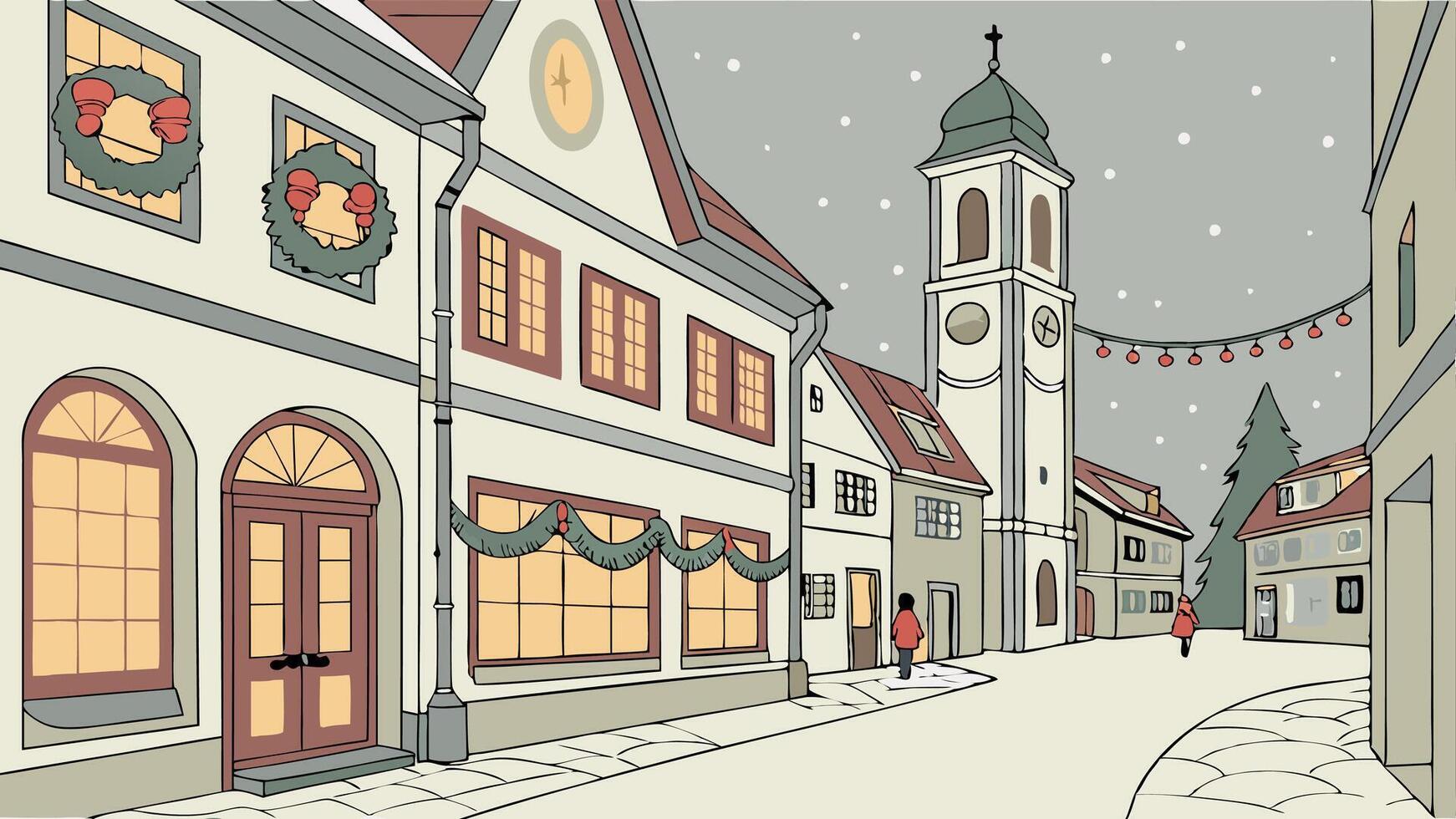 Street decorated for Christmas in a small European town. AI Gemerated image. vector