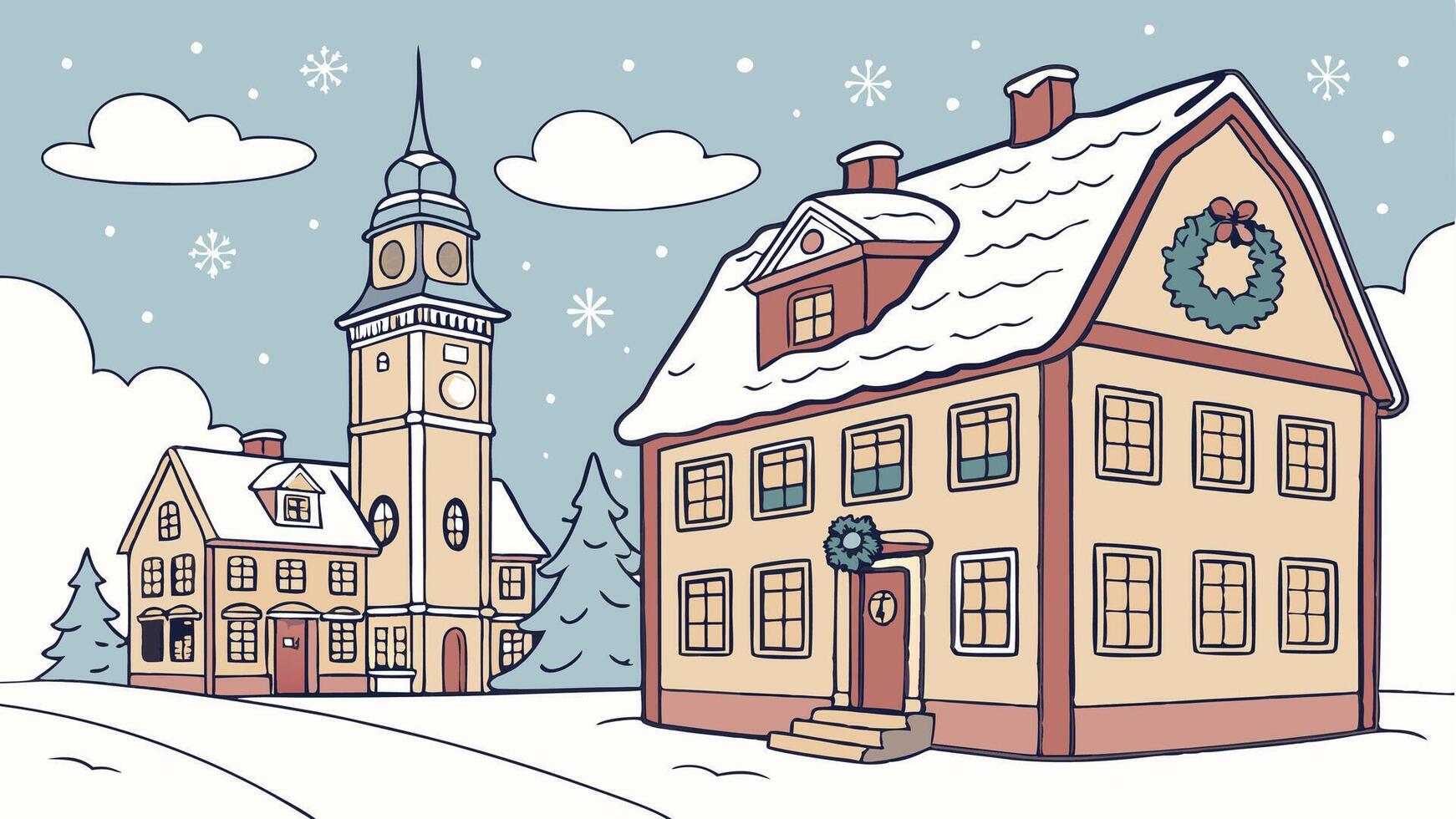 Scandinavian Christmas card. Festive European town made of clay and decorated for the holidays vector