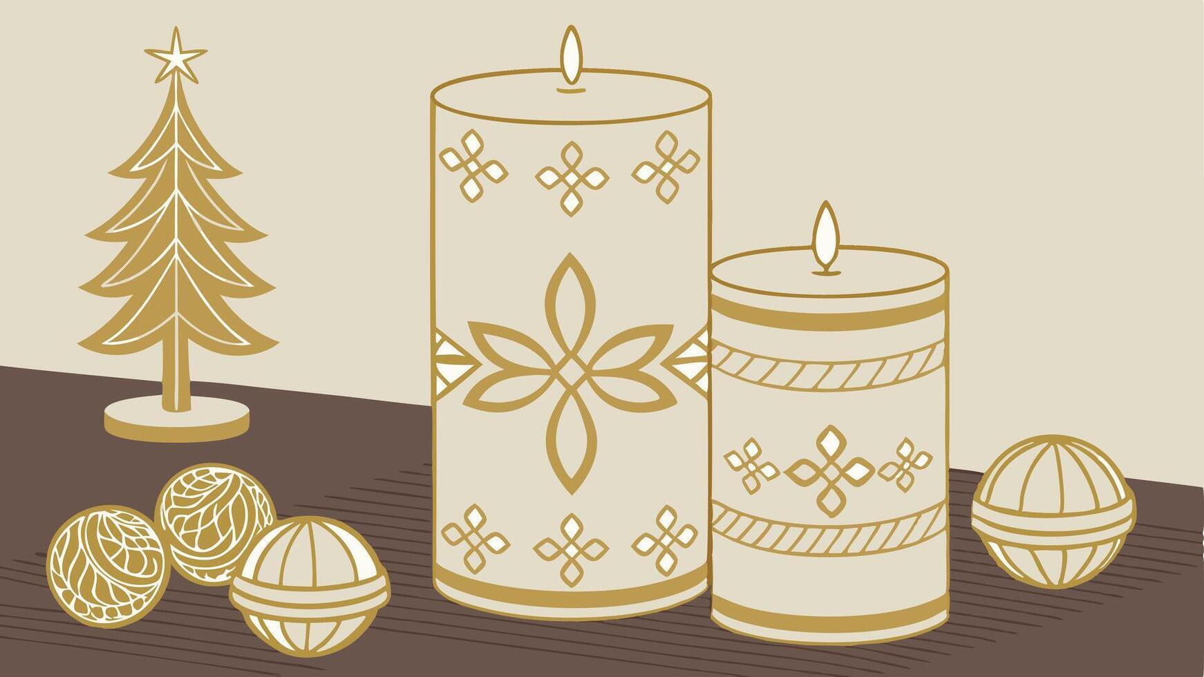 Set of christmas candles and theamed decorations in gold tones vector