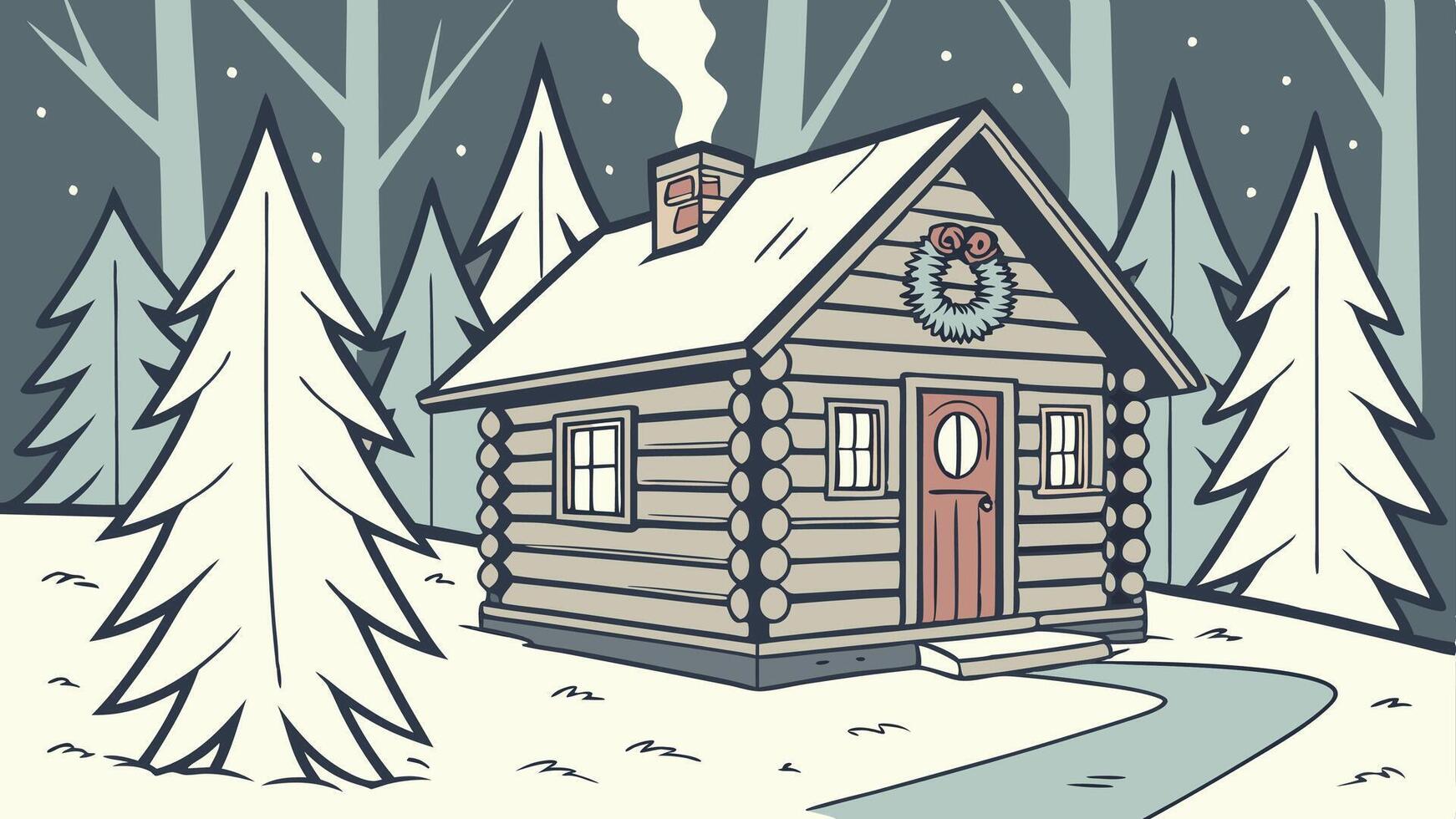 A cartoon illustration of a log cabin in the woods vector