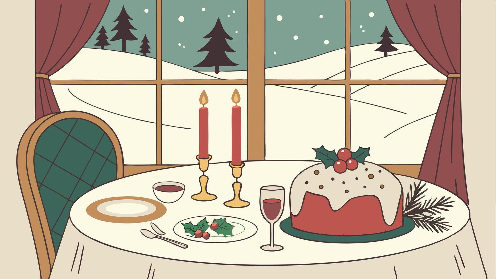Christmas dinner with christmas cake and candles vector