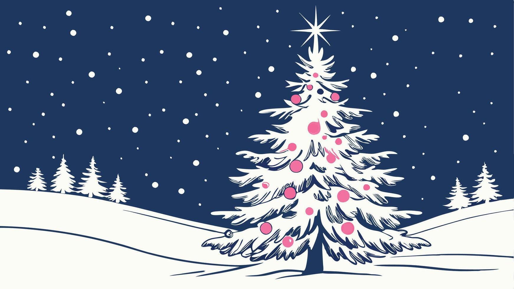 The snow covered Christmas tree contrasts with the dark blue backdrop vector