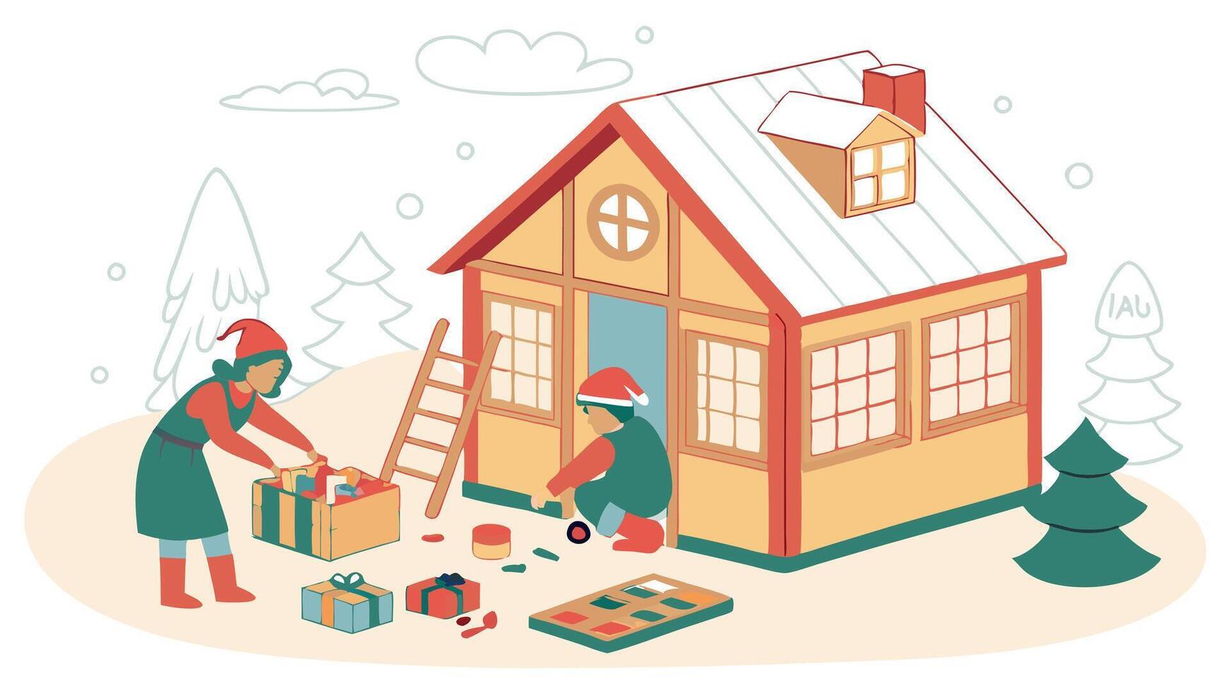 Santa's workshop in the North Pole. bustling with elves and toys. watercolor style. white background vector