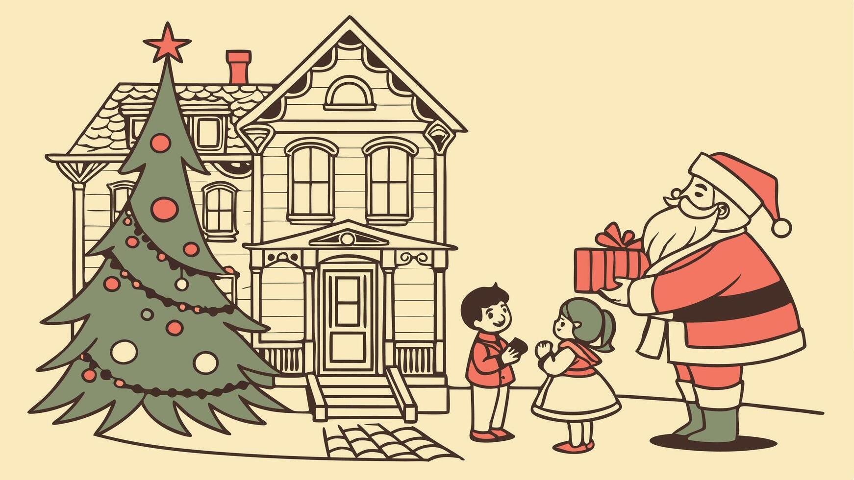 Victorian christmas card. Santa Claus. gift. Christmas tree. children. vector