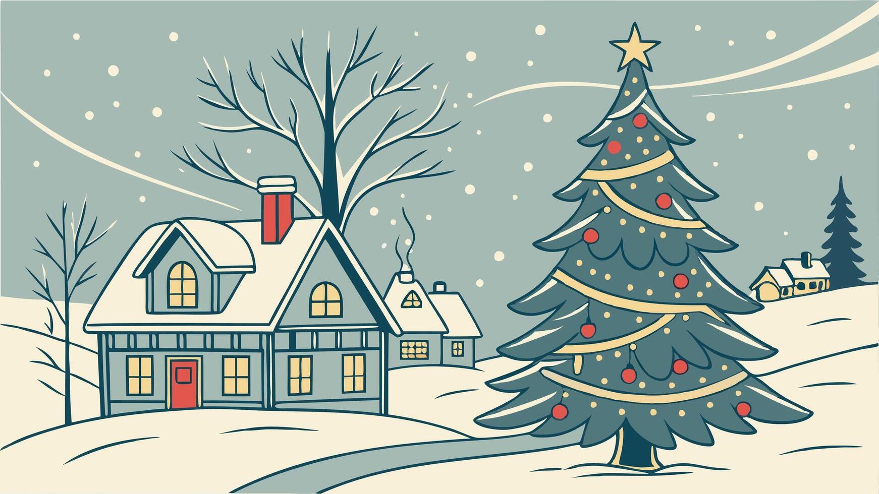 Christmas card with christmas tree. snow. magical village. generative. AI vector