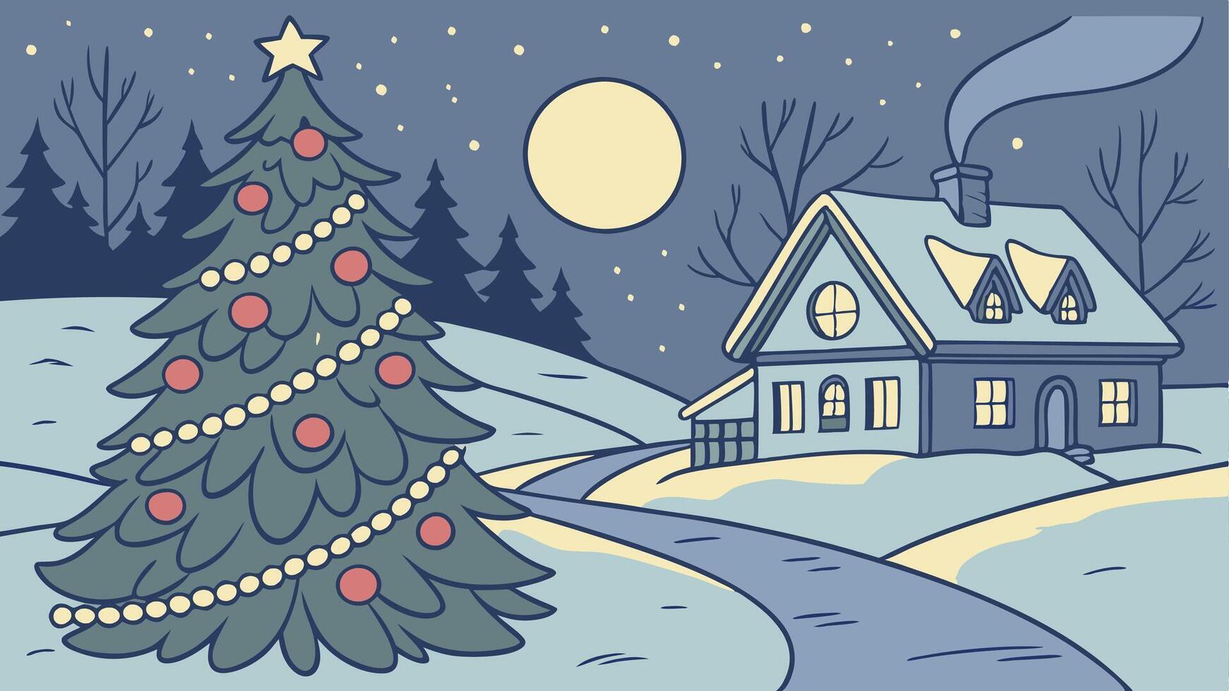Christmas tree and house in winter landscape illustration vector