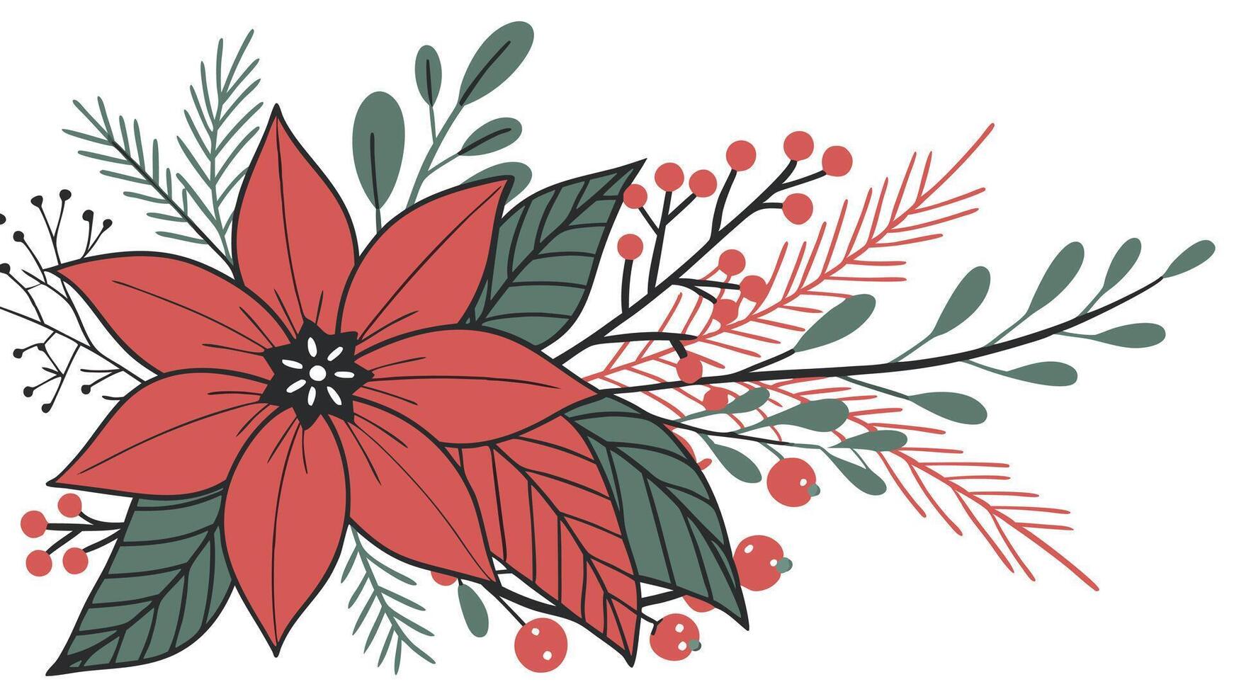 Christmas bouquet with red poinsettia bloom with black copy space vector