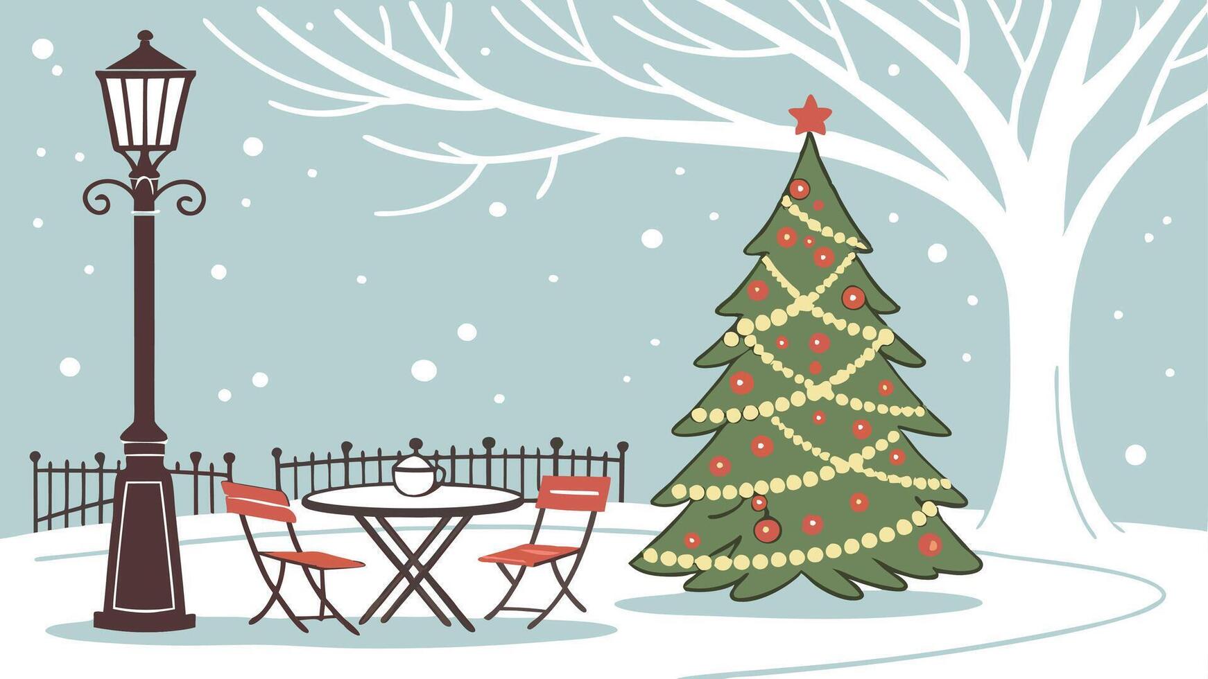 Christmas background. Xmas tree. Snowy outdoor setting with a charming Christmas tree vector