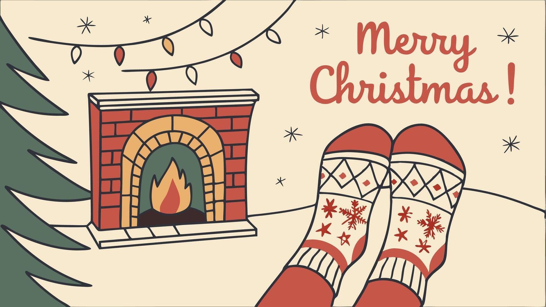 Christmas holiday winter time home greeting card - Feet in wool socks. fireplace in the background vector