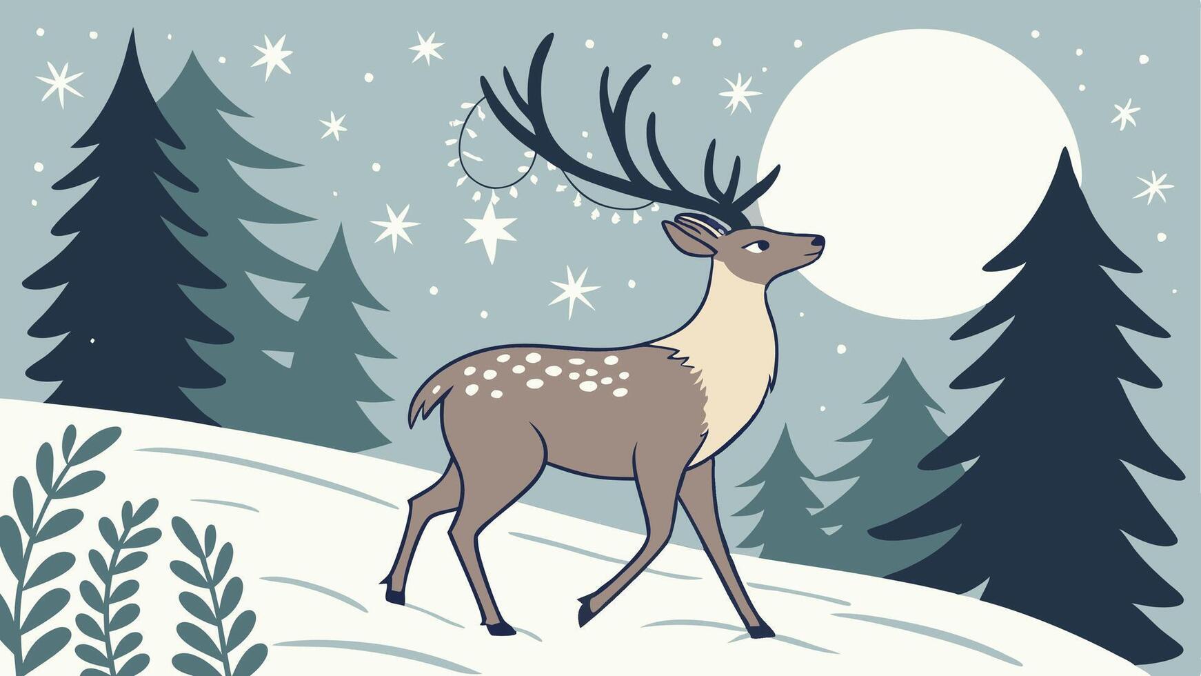 Christmas card with deer. fairy lights in the antlers. vector