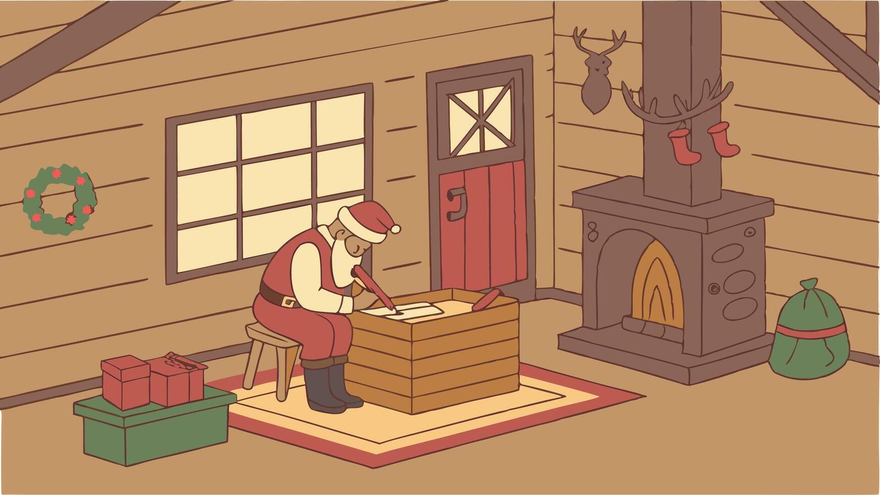 Christmas interior rural background. Santa Claus rustic workshop vector