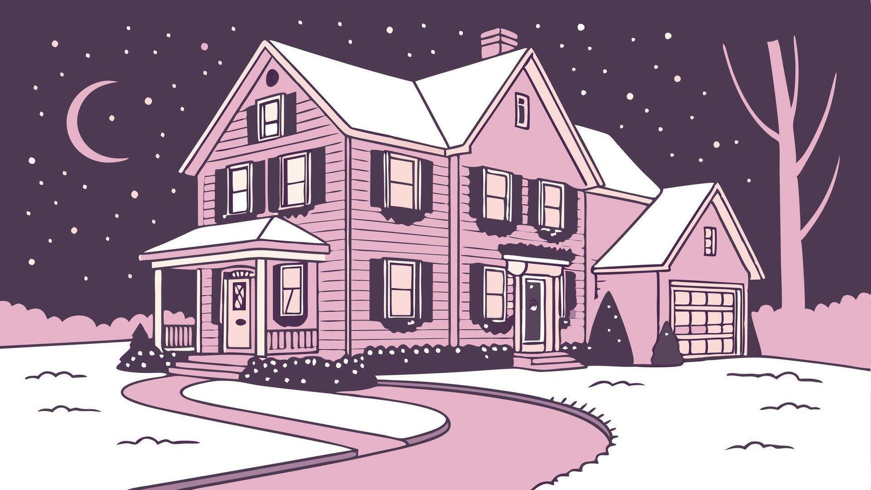 Christmas house with thousands of lights in a pinkish hue. vector