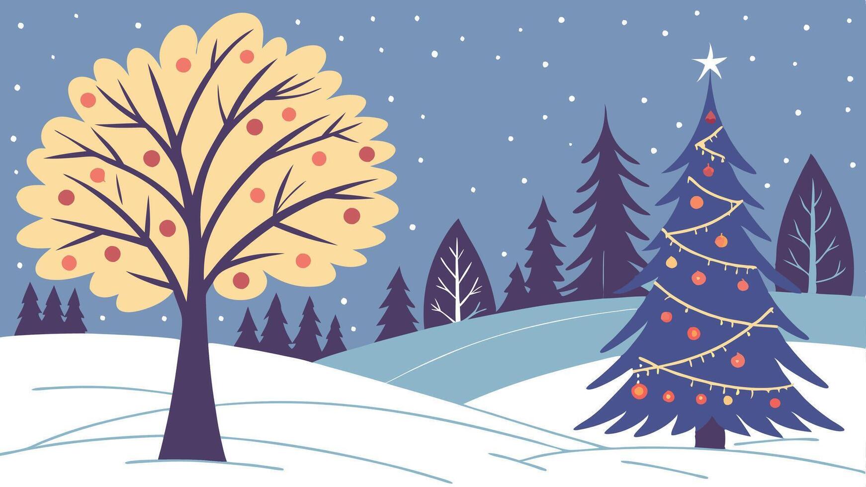 Christmas illustration. winter night forest with colorful trees and nature. vector