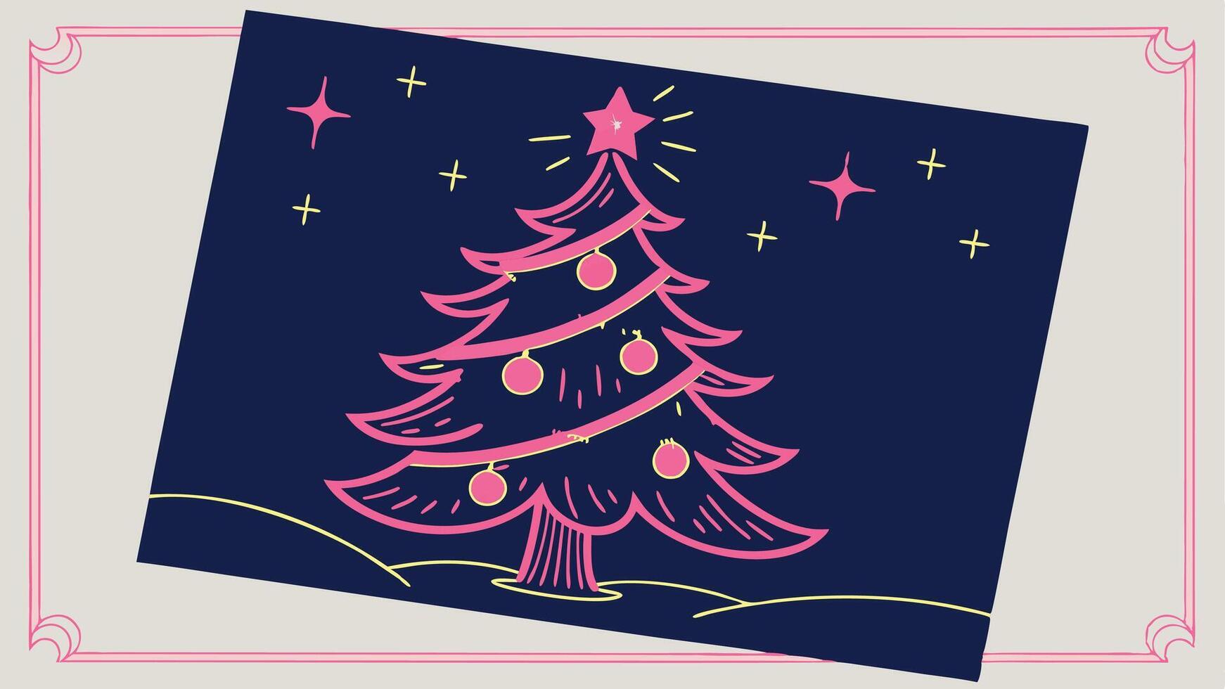 Christmas card with bright shiny neon color digital Christmas tree on dark background vector